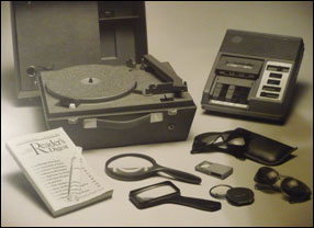 black and white photo of older magnifiers and technology. 