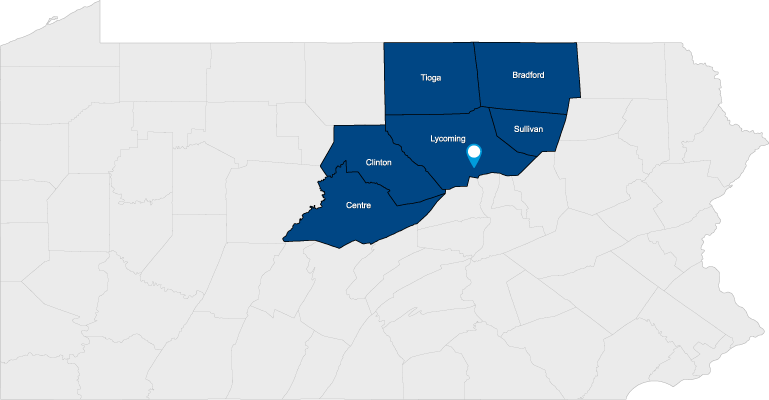 Picture of Pennsylvania with the counties outlined in blue that we serve. The counties include Lycoming, Centre, Clinton, Tioga, Bradford and Sullivan